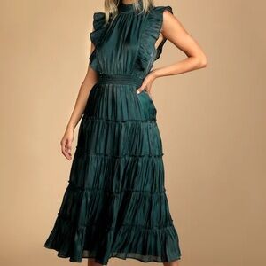 Lulus Take a Glance Emerald Green Tiered Mock Neck Midi Dress